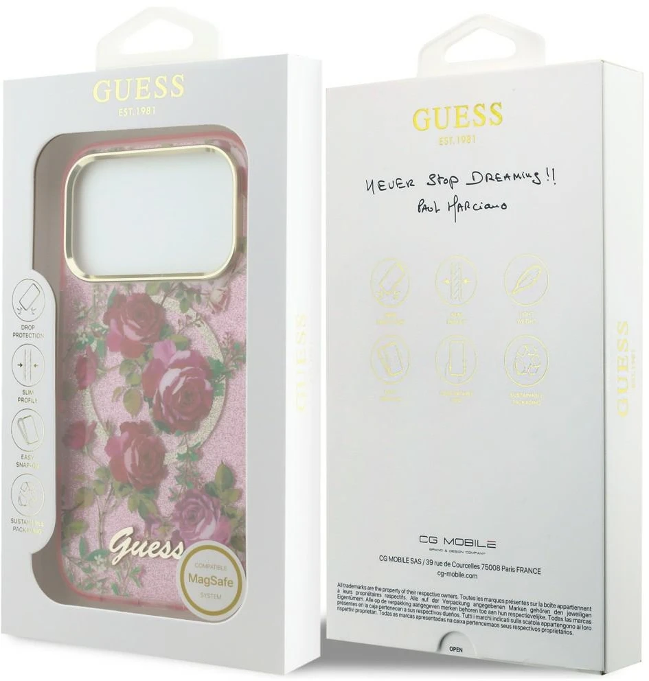 Dėklas Guess IML Glitter Blossom Roses do iPhone 18 Pro / 17 Pro rožinė