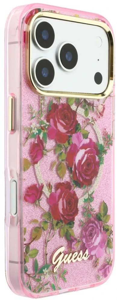 Dėklas Guess IML Glitter Blossom Roses do iPhone 18 Pro / 17 Pro rožinė