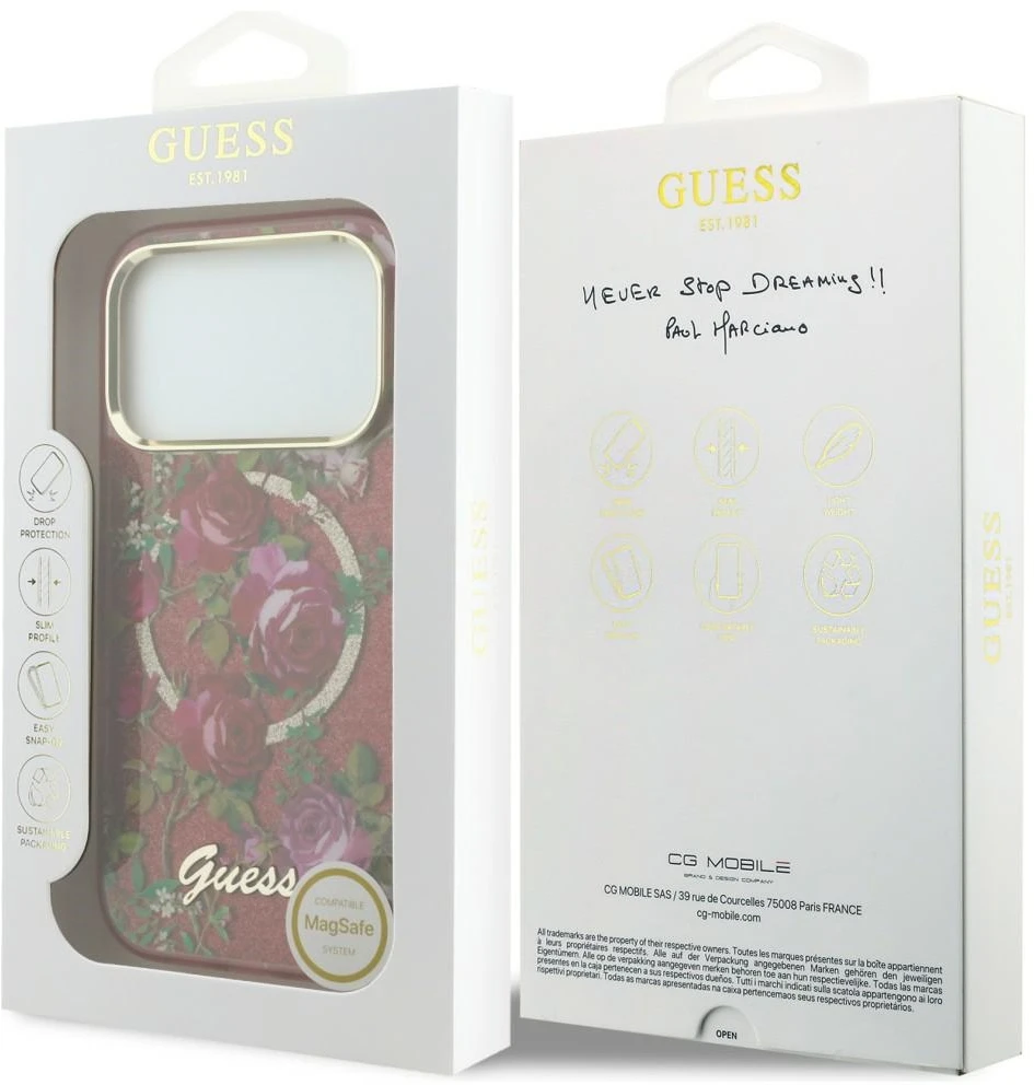 Dėklas Guess IML Glitter Blossom Roses do iPhone 18 Pro Max / 17 Pro Max bordo spalvos
