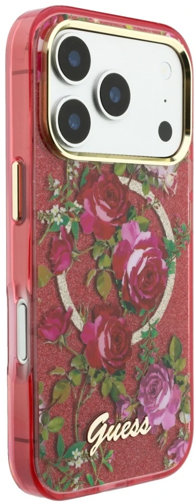 Dėklas Guess IML Glitter Blossom Roses do iPhone 18 Pro Max / 17 Pro Max bordo spalvos
