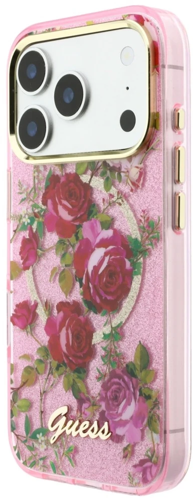 Dėklas Guess IML Glitter Blossom Roses do iPhone 18 Pro / 17 Pro rožinė