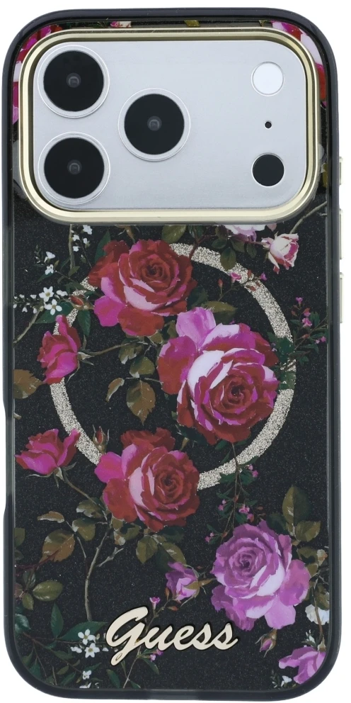 Dėklas Guess IML Glitter Blossom Roses MagSafe skirtas iPhone 18 Pro Max / 17 Pro Max juodas
