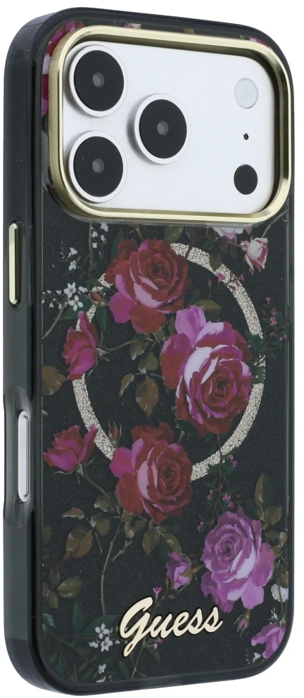 Dėklas Guess IML Glitter Blossom Roses MagSafe skirtas iPhone 18 Pro Max / 17 Pro Max juodas