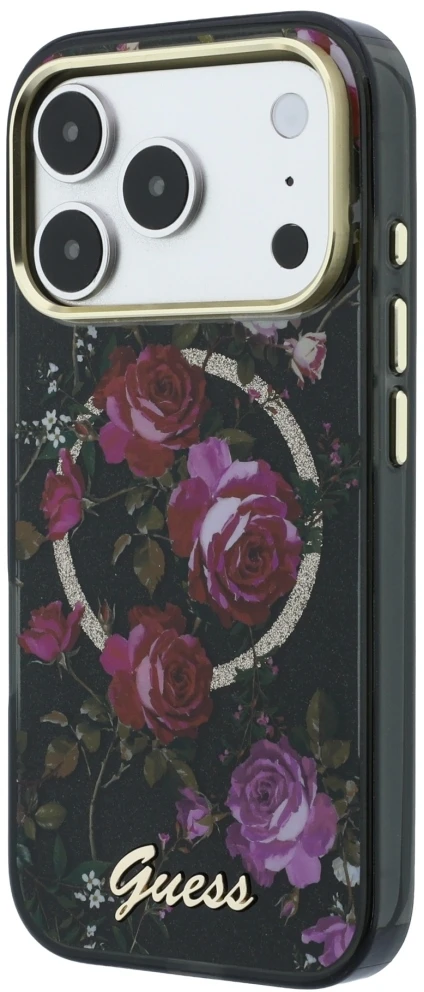 Dėklas Guess IML Glitter Blossom Roses MagSafe skirtas iPhone 18 Pro Max / 17 Pro Max juodas