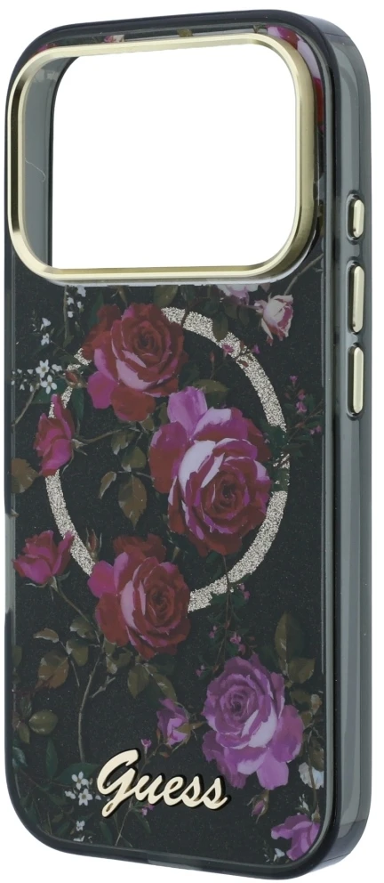 Dėklas Guess IML Glitter Blossom Roses MagSafe skirtas iPhone 18 Pro Max / 17 Pro Max juodas