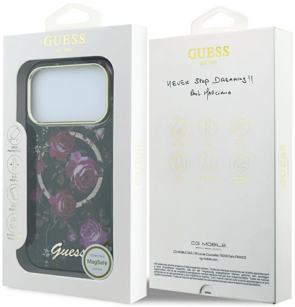 Dėklas Guess IML Glitter Blossom Roses MagSafe skirtas iPhone 18 Pro Max / 17 Pro Max juodas