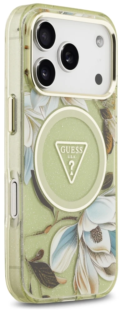 Dėklas Guess IML Glitter Flowers Triangle MagSafe Case for iPhone 17 Pro / 18 Pro - Žalias