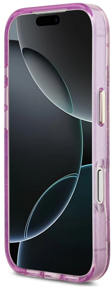 Dėklas Guess IML Glitter Flowers Triangle MagSafe do iPhone 18 Pro Max / 17 Pro Max violetinė