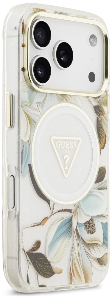 Dėklas Guess IML Glitter Flowers Triangle MagSafe do iPhone 18 Pro Max / 17 Pro Max balta