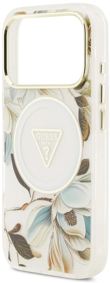Dėklas Guess IML Glitter Flowers Triangle MagSafe do iPhone 18 Pro Max / 17 Pro Max balta
