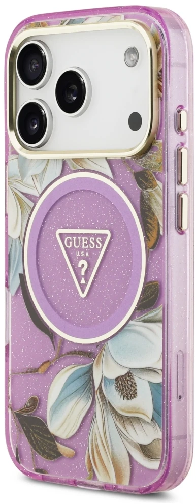 Dėklas Guess IML Glitter Flowers Triangle MagSafe Case for iPhone 17 Pro / 18 Pro - Violetinė
