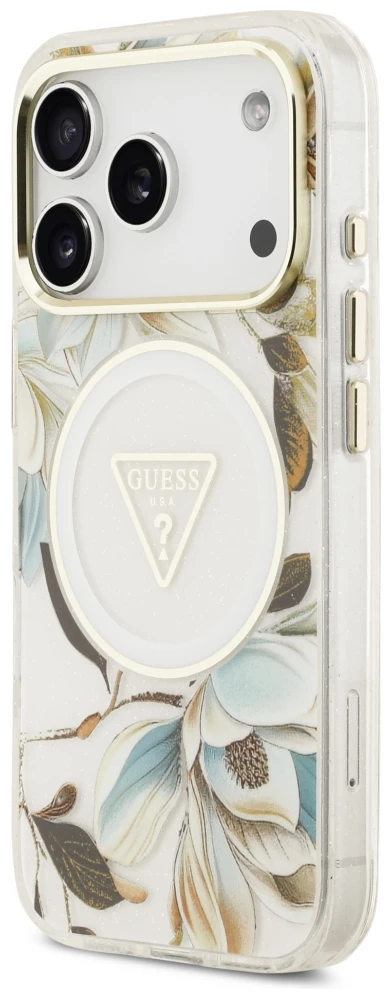 Dėklas Guess IML Glitter Flowers Triangle MagSafe Case for iPhone 17 Pro / 18 Pro - Baltas