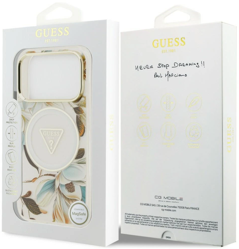 Dėklas Guess IML Glitter Flowers Triangle MagSafe do iPhone 18 Pro Max / 17 Pro Max balta