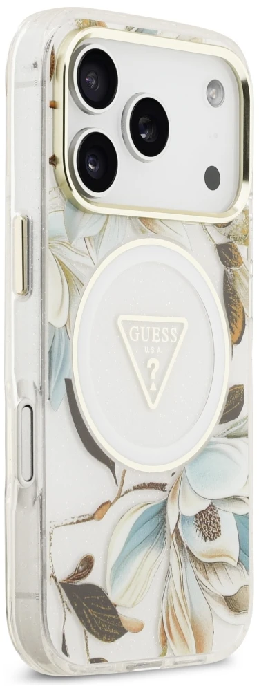 Dėklas Guess IML Glitter Flowers Triangle MagSafe Case for iPhone 17 Pro / 18 Pro - Baltas