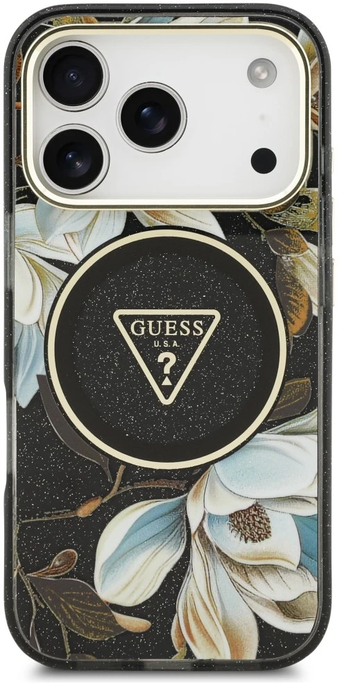Dėklas Guess IML Glitter Flowers Triangle MagSafe do iPhone 18 Pro Max / 17 Pro Max juoda