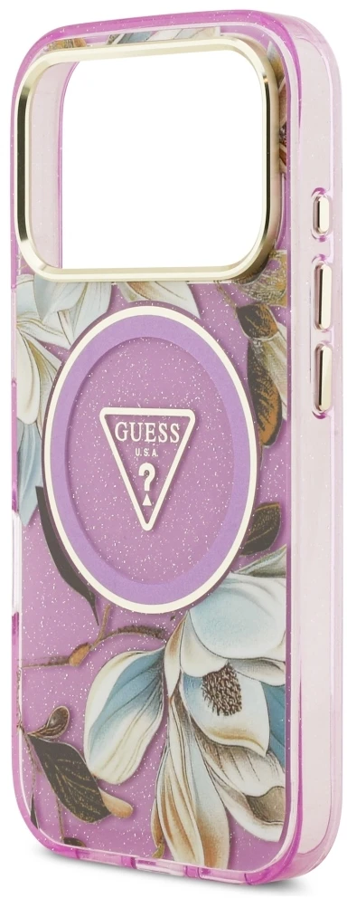 Dėklas Guess IML Glitter Flowers Triangle MagSafe Case for iPhone 17 Pro / 18 Pro - Violetinė
