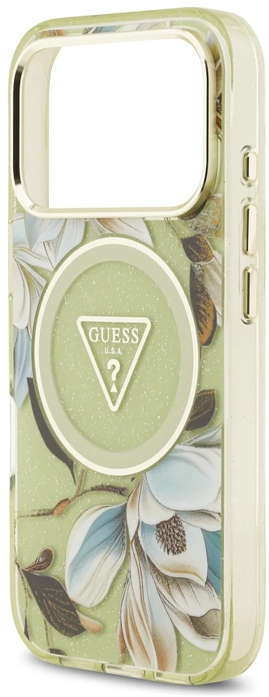 Dėklas Guess IML Glitter Flowers Triangle MagSafe Case for iPhone 17 Pro / 18 Pro - Žalias