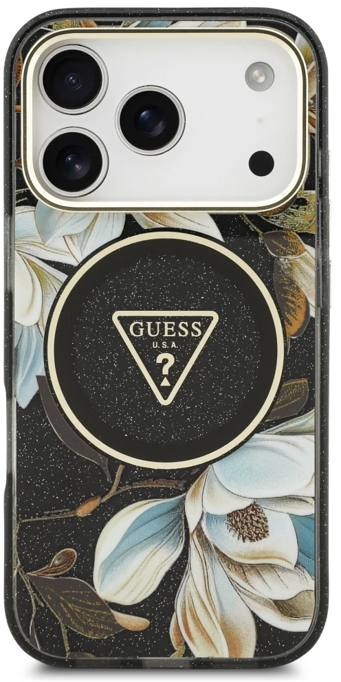 Dėklas Guess IML Glitter Flowers Triangle MagSafe Case for iPhone 17 Pro / 18 Pro - Juodas