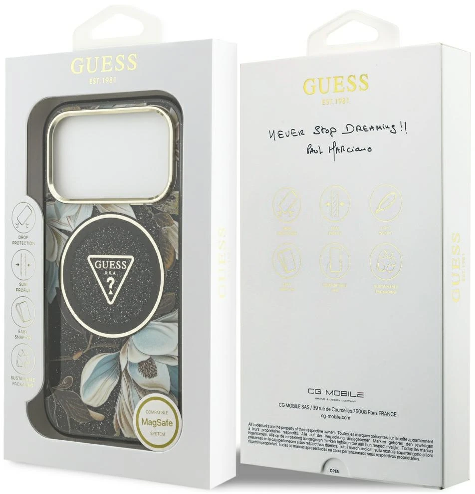 Dėklas Guess IML Glitter Flowers Triangle MagSafe Case for iPhone 17 Pro / 18 Pro - Juodas