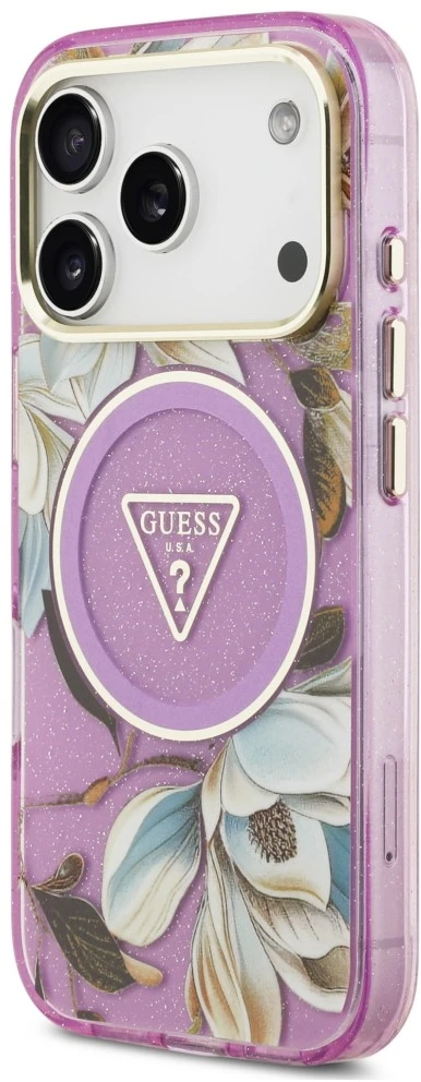 Dėklas Guess IML Glitter Flowers Triangle MagSafe do iPhone 18 Pro Max / 17 Pro Max violetinė