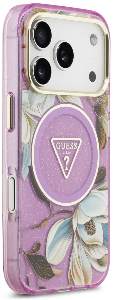 Dėklas Guess IML Glitter Flowers Triangle MagSafe Case for iPhone 17 Pro / 18 Pro - Violetinė