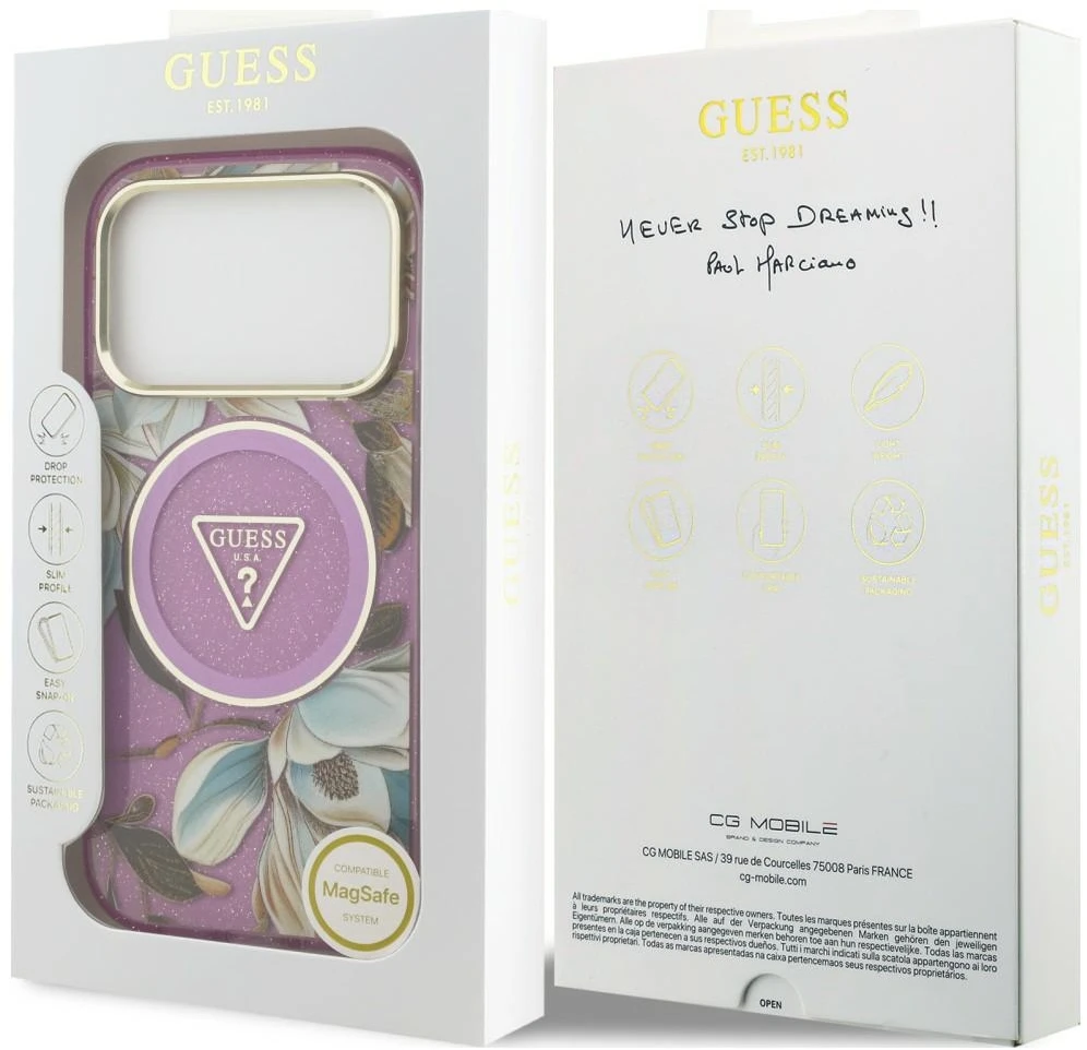 Dėklas Guess IML Glitter Flowers Triangle MagSafe do iPhone 18 Pro Max / 17 Pro Max violetinė