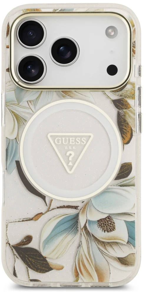 Dėklas Guess IML Glitter Flowers Triangle MagSafe Case for iPhone 17 Pro / 18 Pro - Baltas