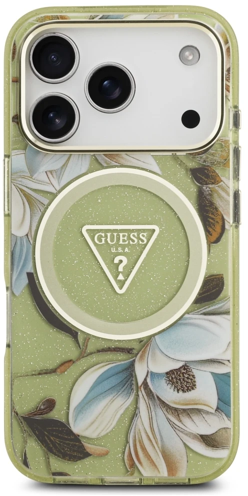 Dėklas Guess IML Glitter Flowers Triangle MagSafe Case for iPhone 17 Pro / 18 Pro - Žalias