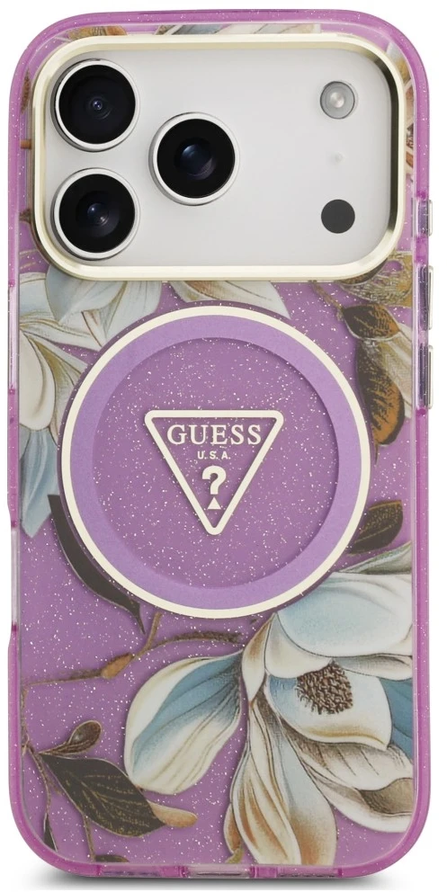 Dėklas Guess IML Glitter Flowers Triangle MagSafe do iPhone 18 Pro Max / 17 Pro Max violetinė
