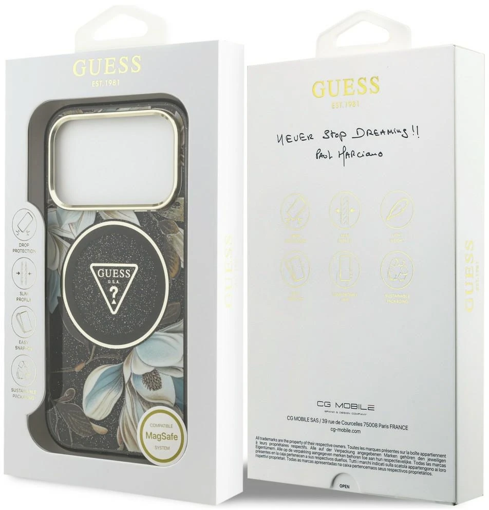 Dėklas Guess IML Glitter Flowers Triangle MagSafe do iPhone 18 Pro Max / 17 Pro Max juoda