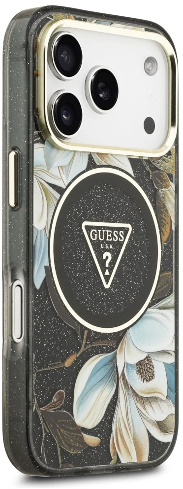 Dėklas Guess IML Glitter Flowers Triangle MagSafe do iPhone 18 Pro Max / 17 Pro Max juoda