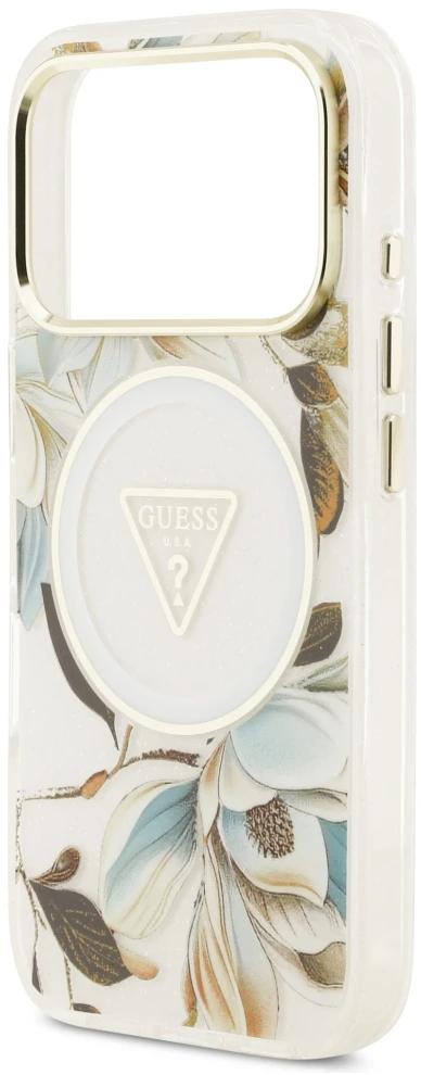 Dėklas Guess IML Glitter Flowers Triangle MagSafe Case for iPhone 17 Pro / 18 Pro - Baltas