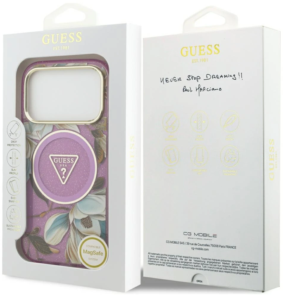 Dėklas Guess IML Glitter Flowers Triangle MagSafe Case for iPhone 17 Pro / 18 Pro - Violetinė