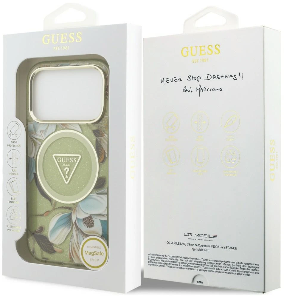 Dėklas Guess IML Glitter Flowers Triangle MagSafe do iPhone 18 Pro Max / 17 Pro Max žalia