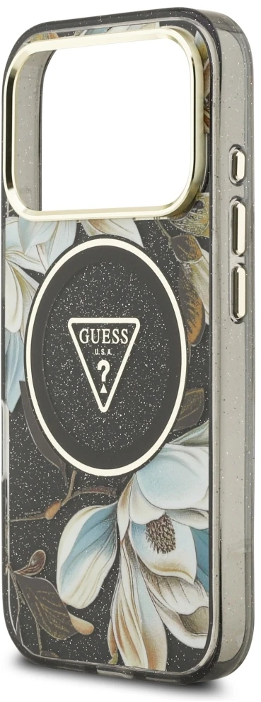 Dėklas Guess IML Glitter Flowers Triangle MagSafe Case for iPhone 17 Pro / 18 Pro - Juodas