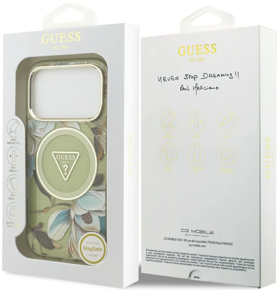 Dėklas Guess IML Glitter Flowers Triangle MagSafe Case for iPhone 17 Pro / 18 Pro - Žalias