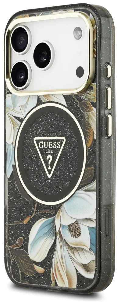 Dėklas Guess IML Glitter Flowers Triangle MagSafe Case for iPhone 17 Pro / 18 Pro - Juodas