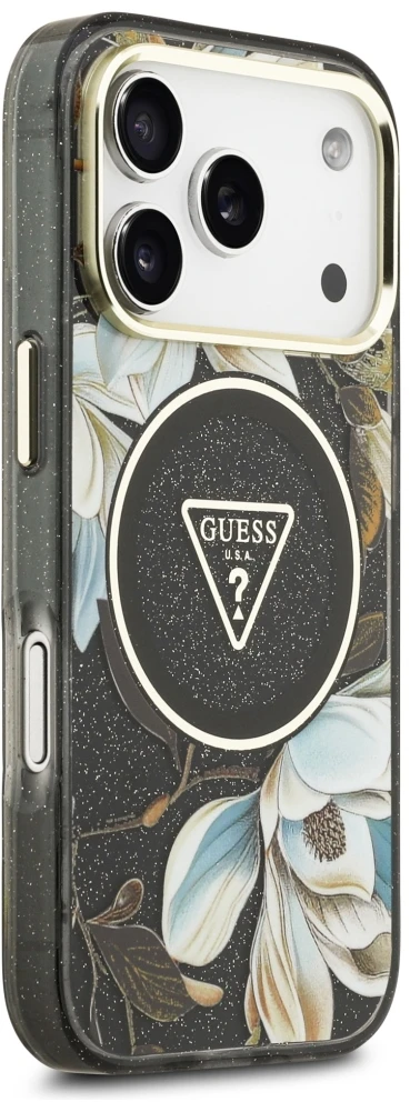 Dėklas Guess IML Glitter Flowers Triangle MagSafe Case for iPhone 17 Pro / 18 Pro - Juodas