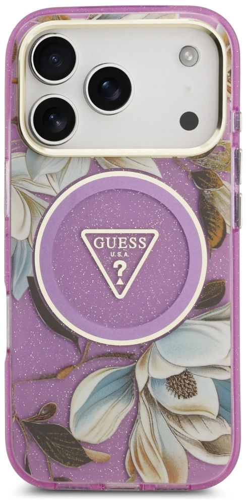 Dėklas Guess IML Glitter Flowers Triangle MagSafe Case for iPhone 17 Pro / 18 Pro - Violetinė
