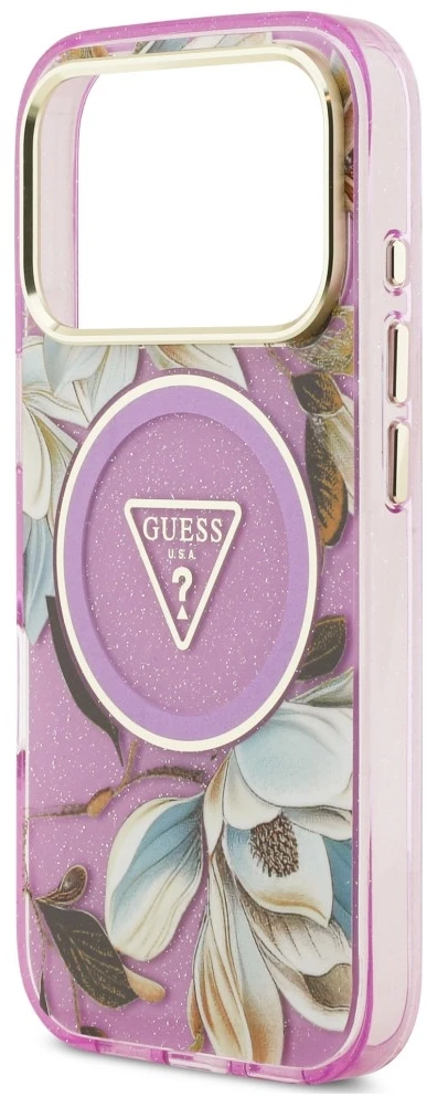 Dėklas Guess IML Glitter Flowers Triangle MagSafe do iPhone 18 Pro Max / 17 Pro Max violetinė