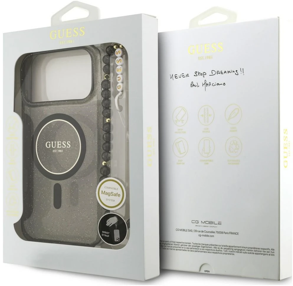 Dėklas Guess IML Glitter Pearl Strap MagSafe do iPhone 18 Pro / 17 Pro juoda