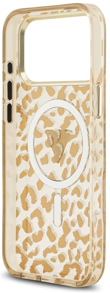 Dėklas Guess IML Leopard Glitter Triangle Logo MagSafe do iPhone 18 Pro / 17 Pro ruda