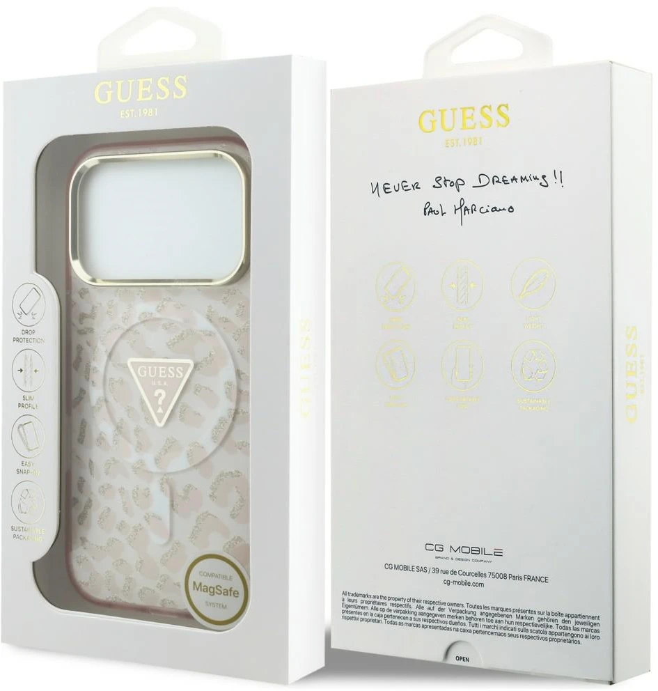 Dėklas Guess IML Leopard Glitter Triangle Logo MagSafe do iPhone 18 Pro / 17 Pro rožinė