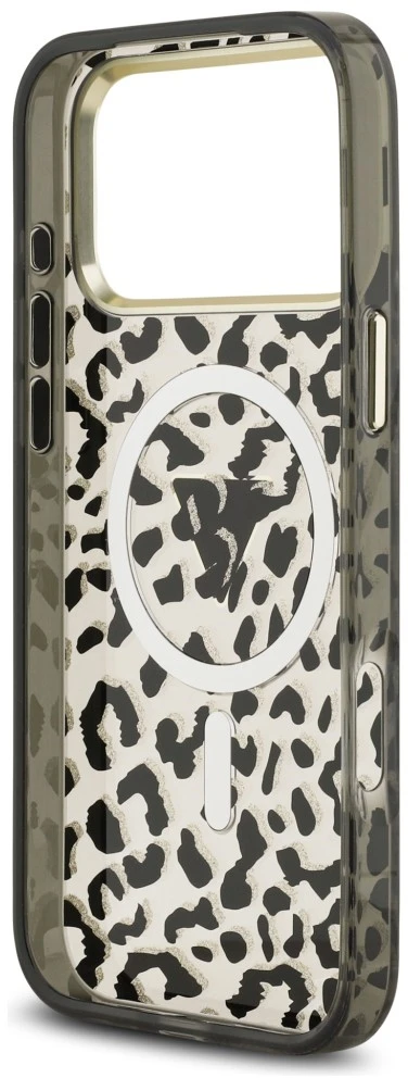 Dėklas Guess IML Leopard Glitter Triangle Logo MagSafe do iPhone 18 Pro Max / 17 Pro Max juoda