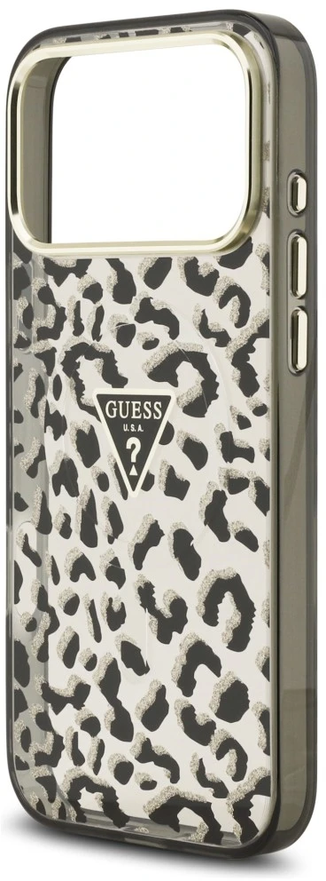 Dėklas Guess IML Leopard Glitter Triangle Logo MagSafe do iPhone 18 Pro Max / 17 Pro Max juoda