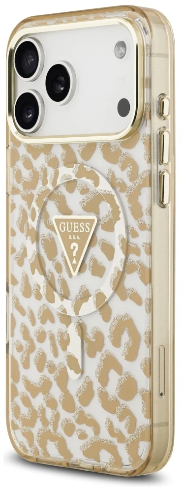 Dėklas Guess IML Leopard Glitter Triangle Logo MagSafe do iPhone 18 Pro Max / 17 Pro Max ruda