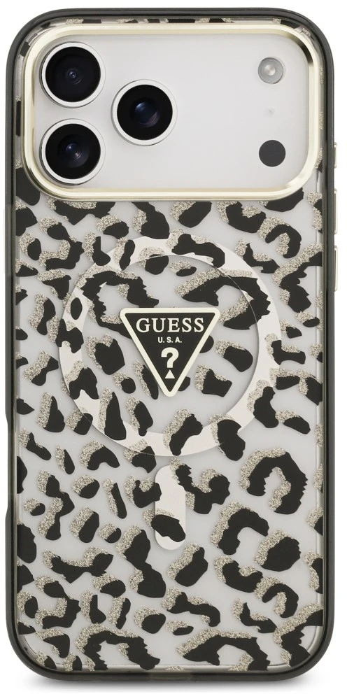 Dėklas Guess IML Leopard Glitter Triangle Logo MagSafe do iPhone 18 Pro Max / 17 Pro Max juoda