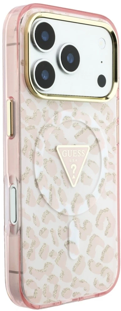 Dėklas Guess IML Leopard Glitter Triangle Logo MagSafe do iPhone 18 Pro / 17 Pro rožinė