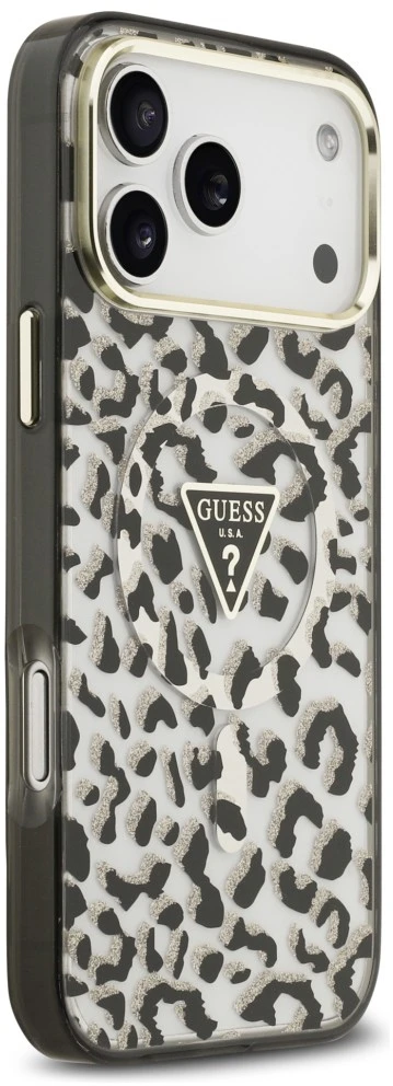Dėklas Guess IML Leopard Glitter Triangle Logo MagSafe do iPhone 18 Pro Max / 17 Pro Max juoda