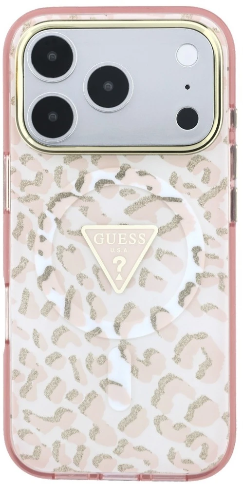 Dėklas Guess IML Leopard Glitter Triangle Logo MagSafe do iPhone 18 Pro / 17 Pro rožinė